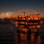 Plataforma offshore Neptun Deep iluminada en naranja, simbolizando la independencia energética y el mercado de gas europeo.