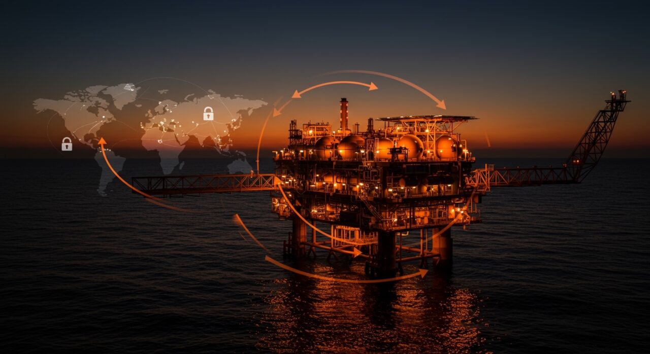 Plataforma offshore Neptun Deep iluminada en naranja, simbolizando la independencia energética y el mercado de gas europeo.