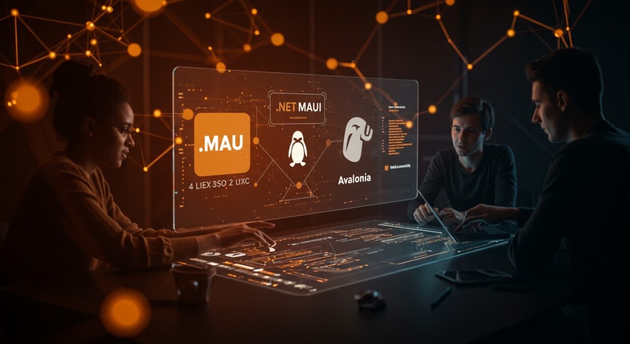 Equipo de founders tech colaborando en desarrollo multiplataforma con .NET MAUI y Avalonia en Linux y WebAssembly, representando innovación open source en tecnología .NET.