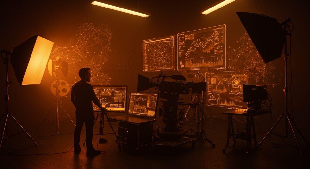 Netflix adquiere InterPositive, startup de inteligencia artificial para cine fundada por Ben Affleck, ilustrado con tecnología audiovisual IA en un estudio futurista.