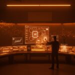 Netflix adquiere InterPositive, startup de inteligencia artificial para posproducción audiovisual fundada por Ben Affleck, representada con tecnología cinematográfica innovadora en tonos naranja y negro.