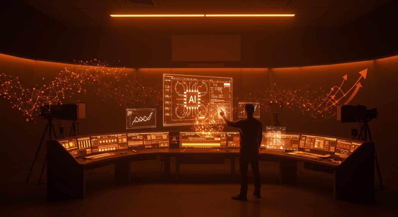 Netflix adquiere InterPositive, startup de inteligencia artificial para posproducción audiovisual fundada por Ben Affleck, representada con tecnología cinematográfica innovadora en tonos naranja y negro.