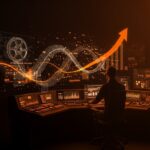 InterPositive, la startup de IA cinematográfica de Ben Affleck, visualizada con una interfaz futurista de producción audiovisual en ecosistema startup naranja y negro.