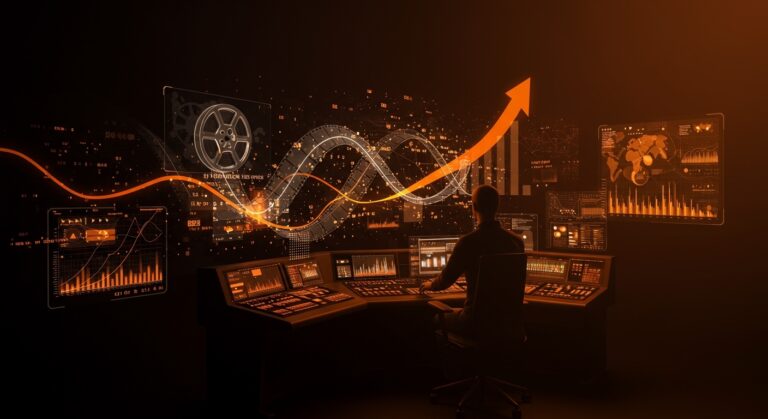 InterPositive, la startup de IA cinematográfica de Ben Affleck, visualizada con una interfaz futurista de producción audiovisual en ecosistema startup naranja y negro.