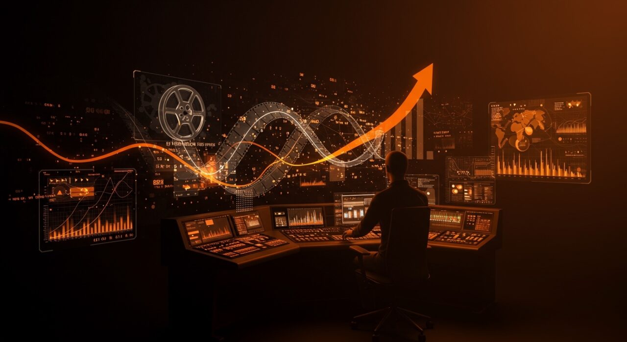 InterPositive, la startup de IA cinematográfica de Ben Affleck, visualizada con una interfaz futurista de producción audiovisual en ecosistema startup naranja y negro.