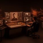 Sala de postproducción cinematográfica con interfaz holográfica de inteligencia artificial y Ben Affleck representando la startup InterPositive adquirida por Netflix.