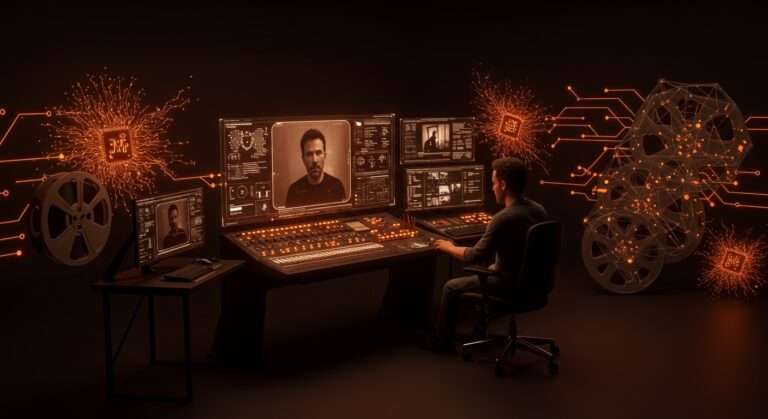 Sala de postproducción cinematográfica con interfaz holográfica de inteligencia artificial y Ben Affleck representando la startup InterPositive adquirida por Netflix.