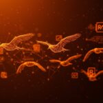 Visualización artística de Neural Boids simulando el vuelo en bandada con inteligencia artificial y aprendizaje por imitación, destacando la simulación en Rust y aplicaciones en robótica.