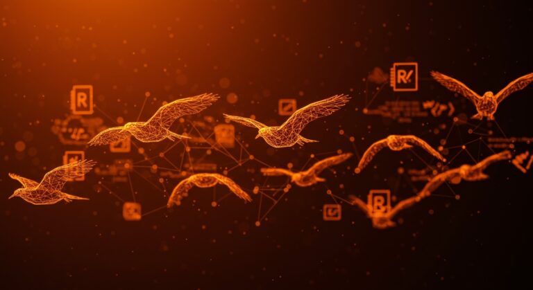 Visualización artística de Neural Boids simulando el vuelo en bandada con inteligencia artificial y aprendizaje por imitación, destacando la simulación en Rust y aplicaciones en robótica.