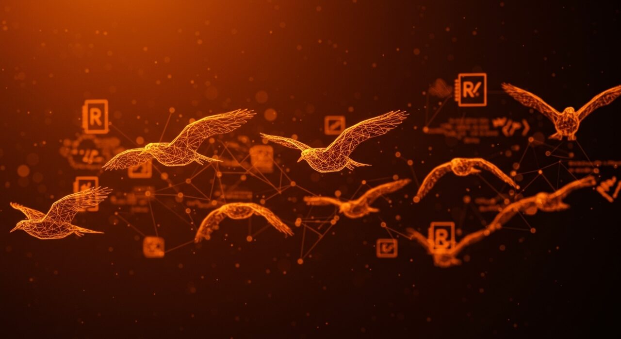 Visualización artística de Neural Boids simulando el vuelo en bandada con inteligencia artificial y aprendizaje por imitación, destacando la simulación en Rust y aplicaciones en robótica.
