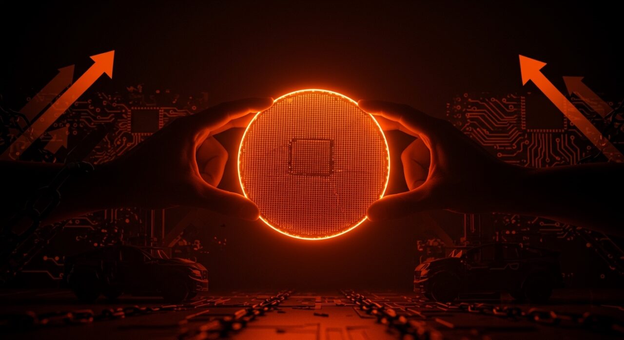 Conflicto geopolítico entre China y Europa por semiconductores, ilustrado con obleas de chips y la industria automotriz de fondo.