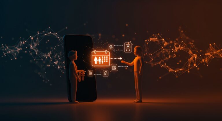 App con inteligencia artificial facilitando la co-parentalidad entre padres separados en Latinoamérica, mostrando coordinación de medicación, custodia y documentación.