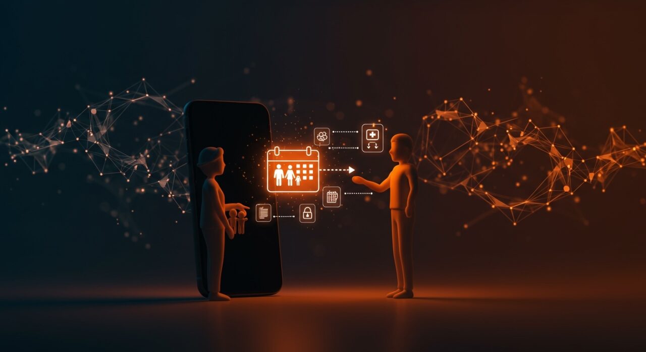 App con inteligencia artificial facilitando la co-parentalidad entre padres separados en Latinoamérica, mostrando coordinación de medicación, custodia y documentación.