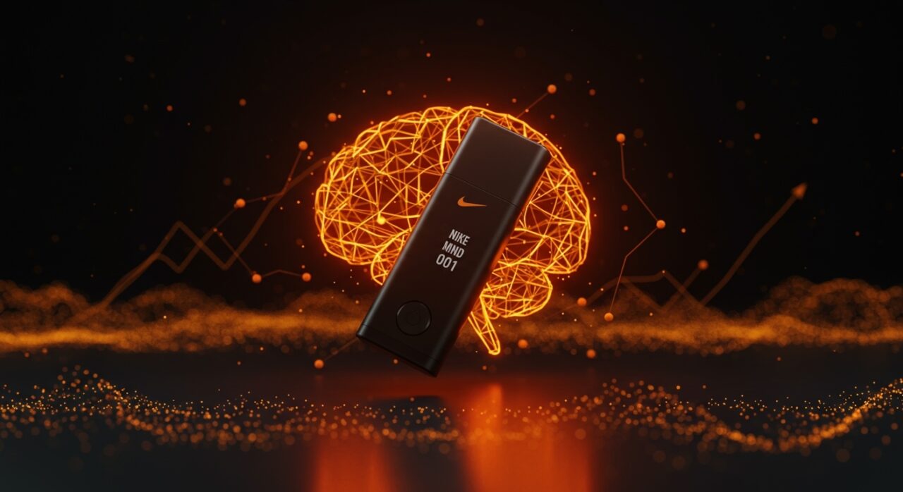 Innovador producto Nike Mind 001 representado con conexiones neuronales y símbolos de bienestar, neurociencia e innovación en startups tech.