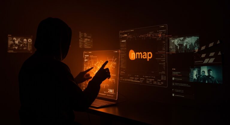 Escena cinematográfica que muestra Nmap y hacking real en películas emblemáticas con enfoque en ciberseguridad y cultura tech en LATAM.