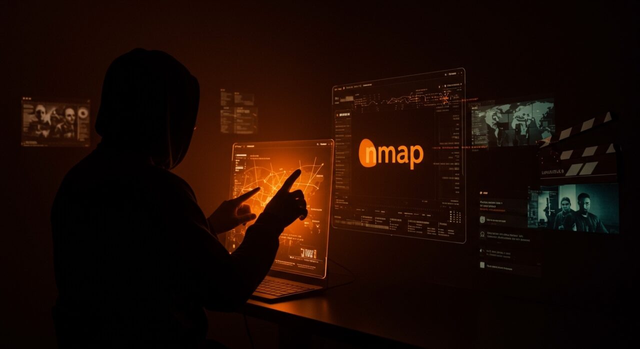 Escena cinematográfica que muestra Nmap y hacking real en películas emblemáticas con enfoque en ciberseguridad y cultura tech en LATAM.