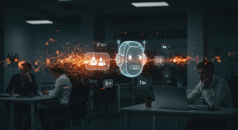 Imagen que muestra un chatbot de IA causando interrupciones en la comunicación profesional de un equipo, ilustrando el concepto de AI slop y automatización en startups.