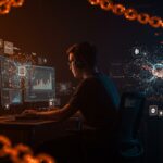 Desarrollador joven trabajando en código para protocolo open-source de auditoría de agentes autónomos de IA con criptografía y blockchain.