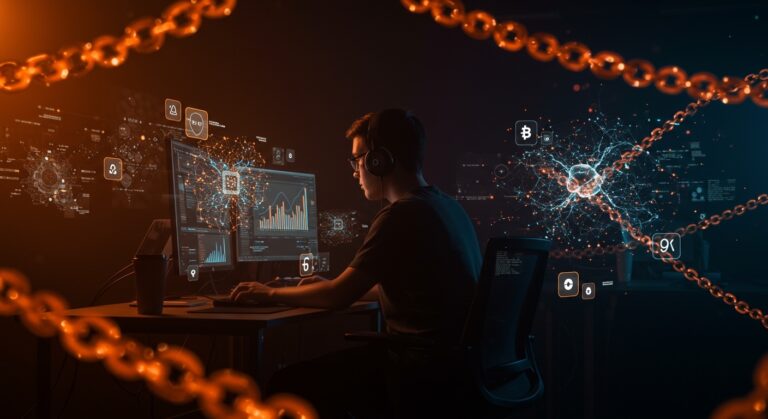 Desarrollador joven trabajando en código para protocolo open-source de auditoría de agentes autónomos de IA con criptografía y blockchain.