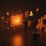 Desarrollador interactuando con un sistema de archivos virtual en Node.js, mostrando automatización y seguridad en startups tech.