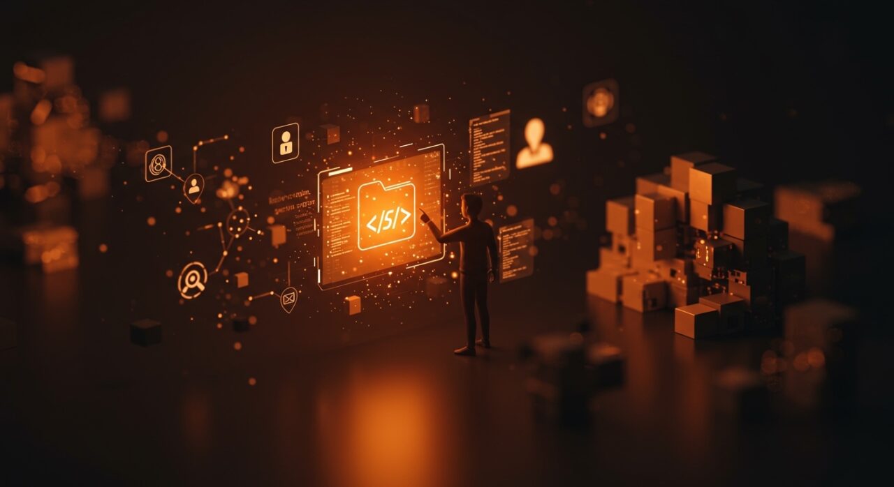 Desarrollador interactuando con un sistema de archivos virtual en Node.js, mostrando automatización y seguridad en startups tech.