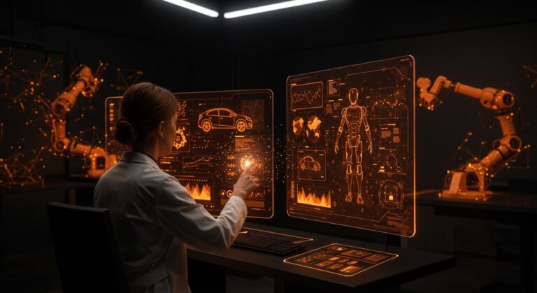 Gestión avanzada de datos de vehículos autónomos con inteligencia artificial y deep learning en un entorno futurista de startup tecnológica.