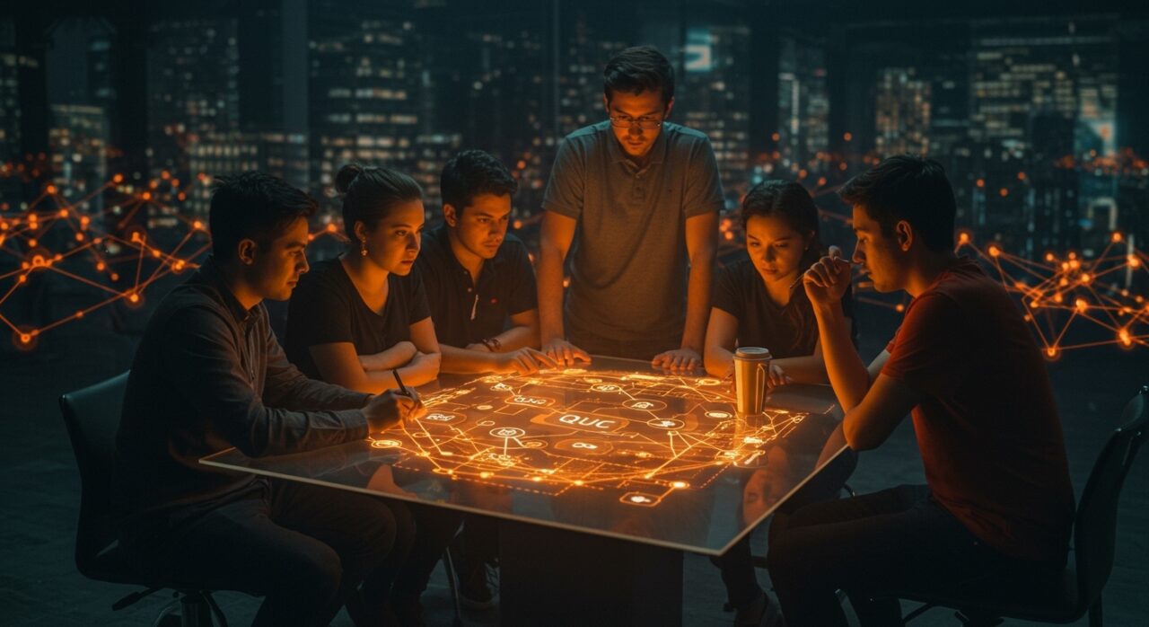 Equipo de startups tech LATAM colaborando con implementación QUIC en Rust, mostrando multipath y NAT traversal en networking open source.