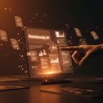 Fundador tech usando NotebookLM para crear IA personalizada con documentos propios en entorno futurista de alta tecnología.