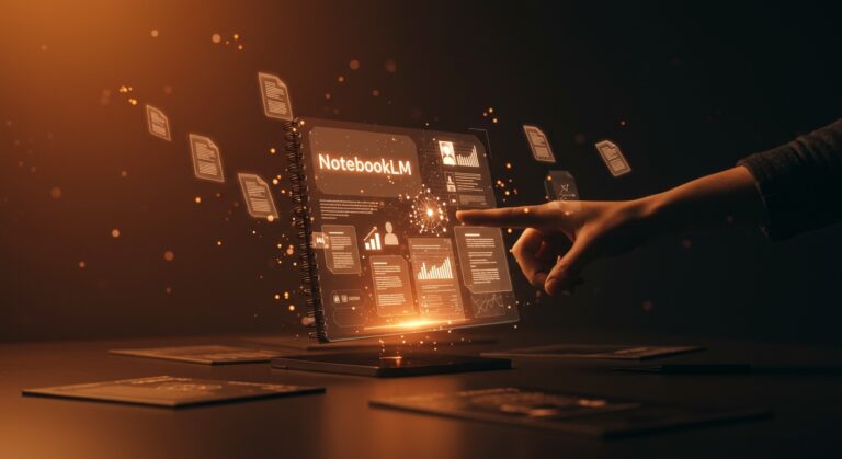 Fundador tech usando NotebookLM para crear IA personalizada con documentos propios en entorno futurista de alta tecnología.