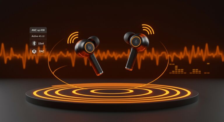 Auriculares inalámbricos baratos Nothing Ear (a) en ambiente tecnológico naranja y negro, destacando cancelación activa de ruido ANC y conectividad avanzada en análisis de tecnología startup.