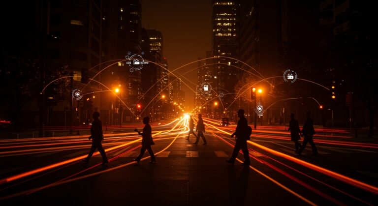 Intersección urbana inteligente con semáforos controlados por inteligencia artificial optimizando la movilidad urbana.