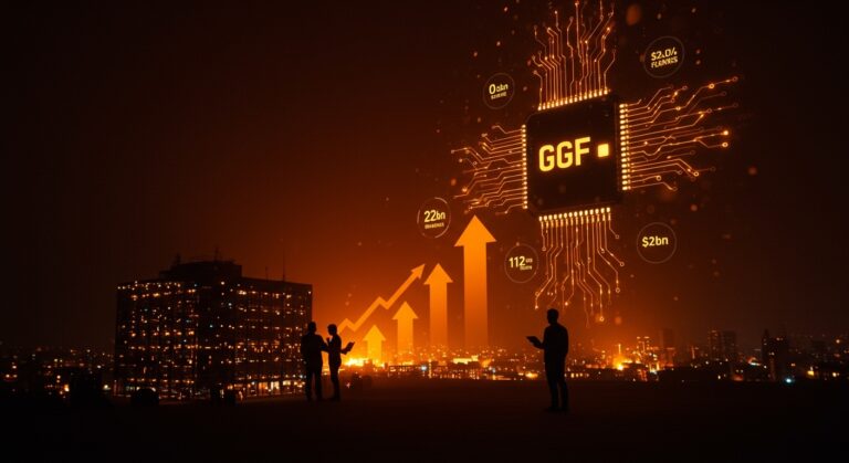 Nscale hyperscaler de UK levantando 2 mil millones en Serie C, simbolizado por un chip GPU digital y flechas ascendentes en tonos naranja y negro de Ecosistema Startup.