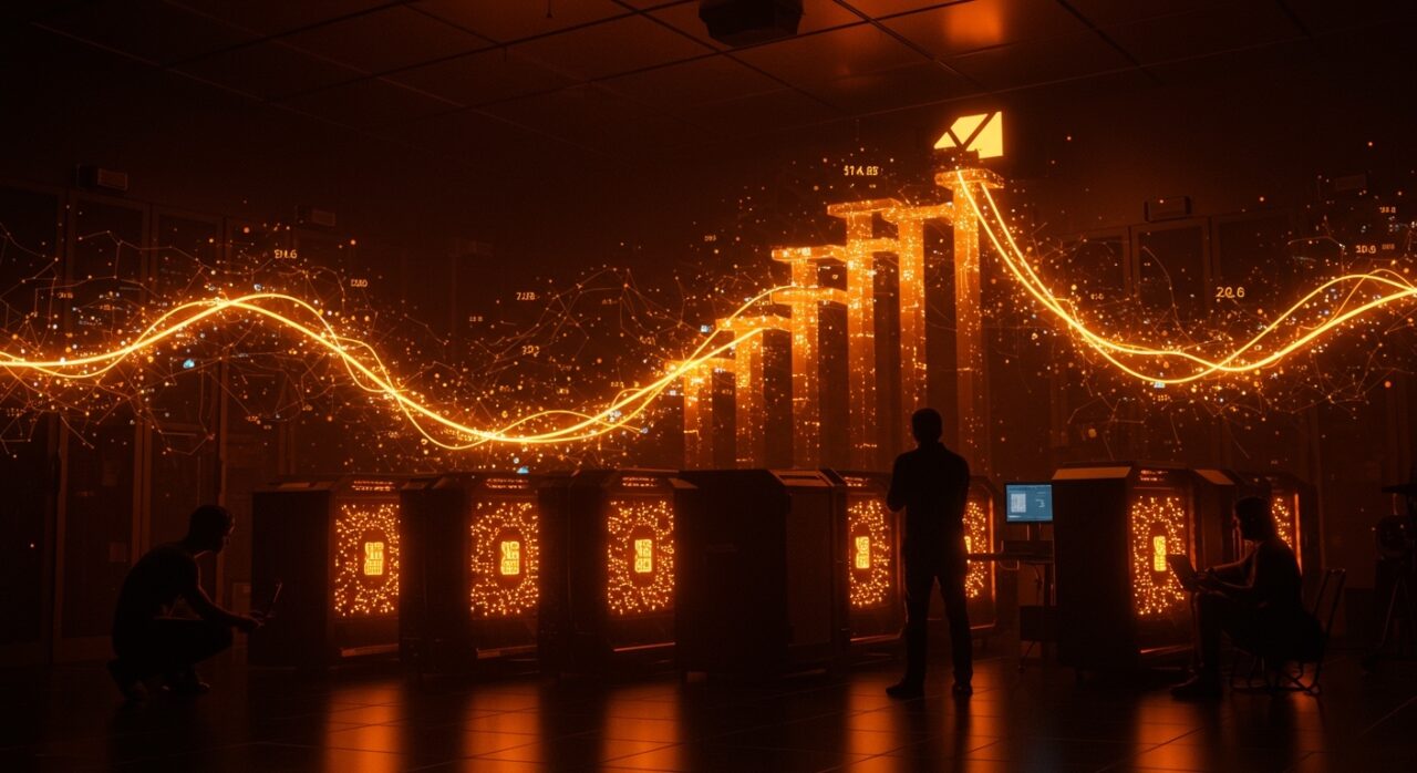 Infraestructura de IA avanzada con GPUs Nvidia y founders tecnológicos en un data center futurista representando la valoración de 14.6 mil millones y financiación startup.