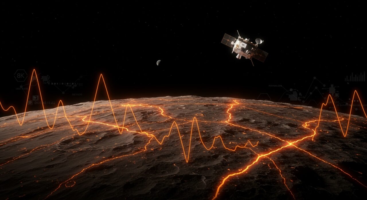 Mapa lunar detallado mostrando actividad tectónica y sismos en mares lunares, con la misión Artemis simbolizando la exploración espacial y oportunidades para startups.