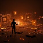 Controles de exportacion de chips en EE. UU. y su impacto en startups, IA y cadena de suministro tecnologica global representados visualmente.