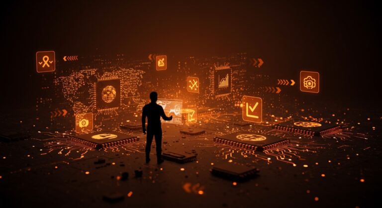 Controles de exportacion de chips en EE. UU. y su impacto en startups, IA y cadena de suministro tecnologica global representados visualmente.