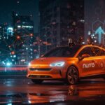 Vehículo autónomo Nuro circulando en Tokio destacando tecnología de nivel 4 y expansión internacional en movilidad inteligente.