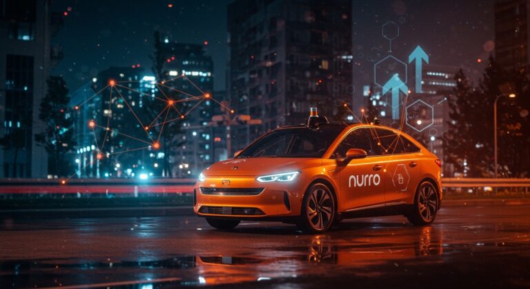 Vehículo autónomo Nuro circulando en Tokio destacando tecnología de nivel 4 y expansión internacional en movilidad inteligente.