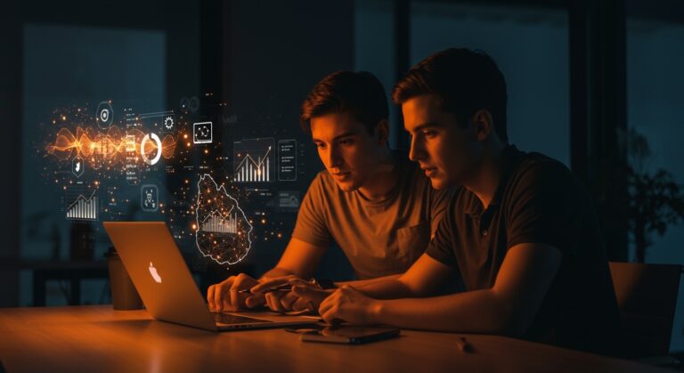 Equipo de nutrIA colaborando con inteligencia artificial en una app de nutrición, destacando éxito startup en Chile y Uruguay.