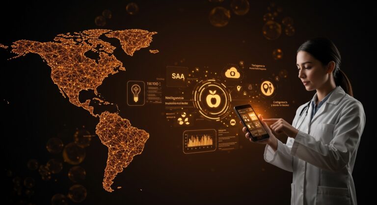 Imagen de inteligencia artificial SaaS aplicada a nutrición en Latinoamérica destacando innovación healthtech y startup chilena.