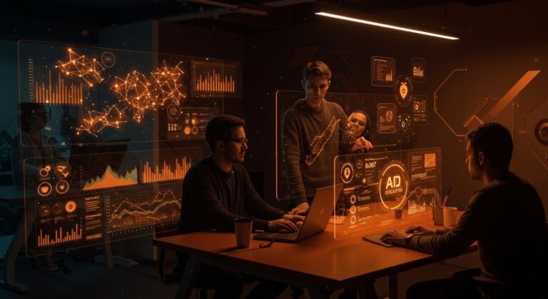 Fundadores tech utilizando inteligencia artificial para soluciones de nutrición y monetización en Latinoamérica, en ambiente startup moderno.