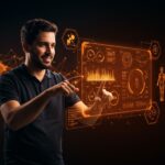 Pedro Cisternas con interfaz digital innovadora representando la startup IA NutrIA en salud tecnológica latinoamericana.