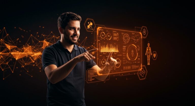 Pedro Cisternas con interfaz digital innovadora representando la startup IA NutrIA en salud tecnológica latinoamericana.