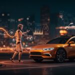 Robots humanoides y robotaxis en un ambiente urbano futurista representando la aceleración de la IA física y datos sintéticos por Nvidia.