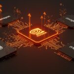 NVIDIA y competencia en chips para inteligencia artificial en 2026 con metáforas visuales de hardware y redes neuronales en paleta naranja y negro.