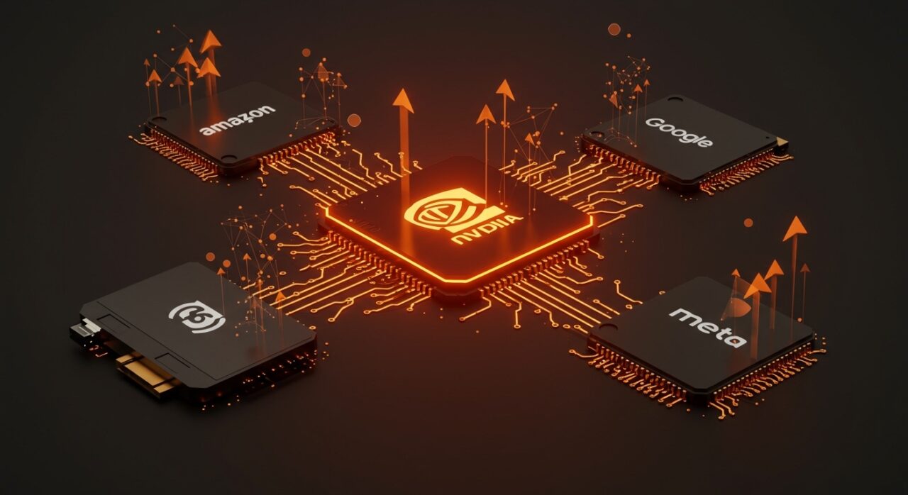 NVIDIA y competencia en chips para inteligencia artificial en 2026 con metáforas visuales de hardware y redes neuronales en paleta naranja y negro.