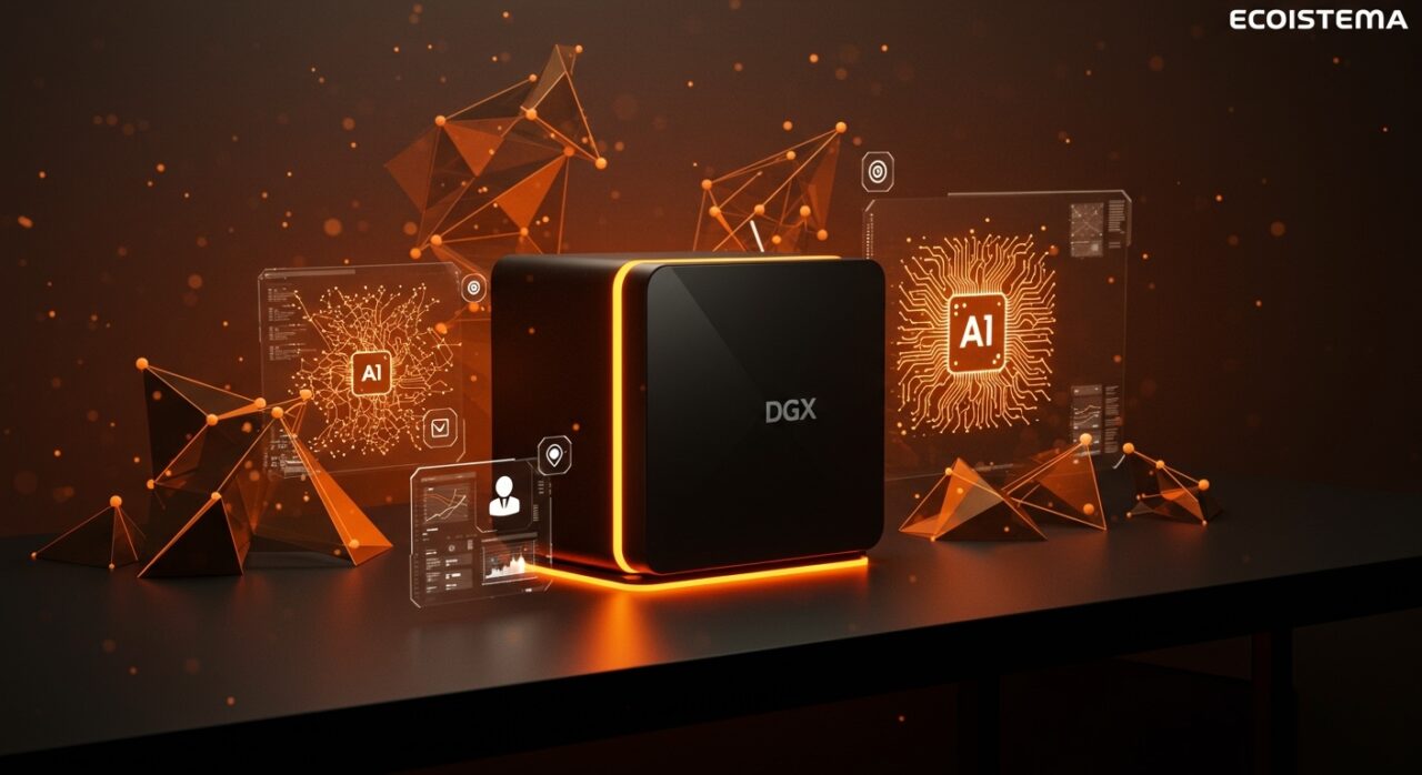 Nvidia DGX Station de escritorio mostrando visualizaciones de redes neuronales y modelos IA de billón de parámetros para infraestructura AI sin nube en startups.