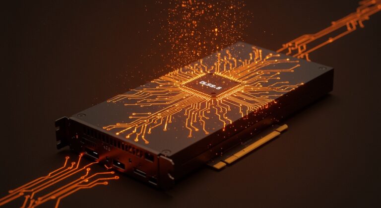 Visualización futurista de GPU NVIDIA con IA y DLSS 4.5 potenciando el path tracing en juegos AAA en 2026.