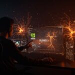 Escena futurista de videojuego destacando Nvidia DLSS 5 e IA generativa con enfoque en innovación tecnológica y control creativo.