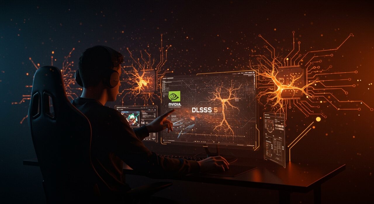 Escena futurista de videojuego destacando Nvidia DLSS 5 e IA generativa con enfoque en innovación tecnológica y control creativo.